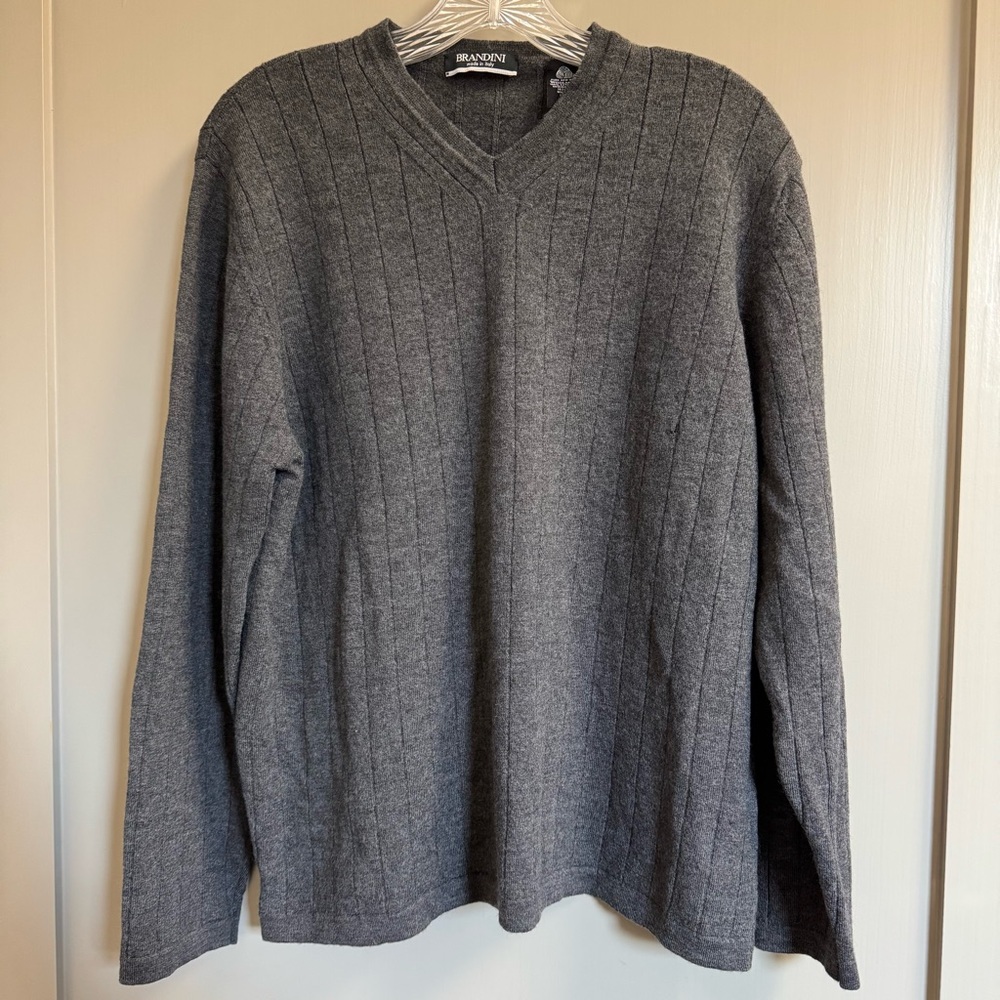 Brandini Sweater Men's Large Dark Gray V-Neck Ribbed 100% Merino Wool Pullover